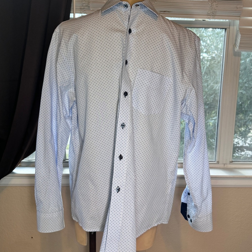 Bugatchi Uomo Mens Light Blue Micro Pattern Long Sleeve Button Down Shirt M